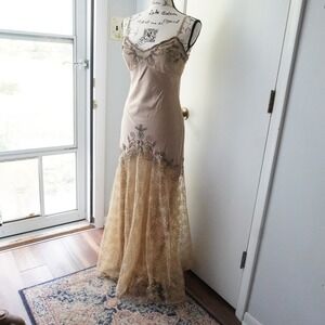Vtg Y2k Gold Bias Slip Gown Lace Beaded Sheer Tulle Dress HOCO Glam Hollywood 4
